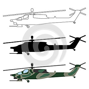 Helicopter silhouette, cartoon, outline. Military equipment set