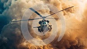 Helicopter soaring above clouds, dramatic sky, aerial photography style, adventure and exploration concept. AI