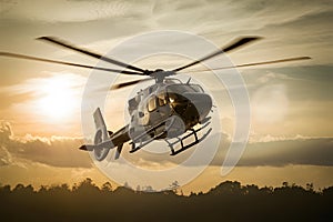 Helicopter soars against backdrop of sunlit sky, heroic presence