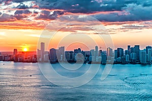 Helicopter sunset view of Miami Beach, Florida