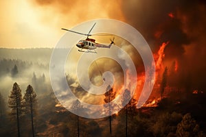 Vrtulník houpavý voda vědro navigace přes intenzivní les blesk v nebe plný těžký kouř. 