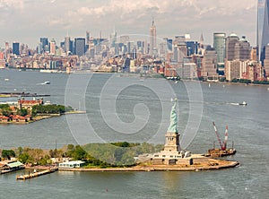 Helicopter view of Statue of Liberty, NYC