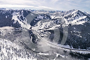 Helicopter View of Winter Sports Resort in Pacific Northwest Mountains