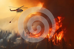 Helicopter with a water bucket hurries to fight the immense flames of a forest wildfire in a sky filled with clouds of smoke.