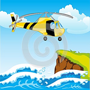 Helicopter on wave of the ocean flies ashore