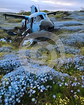 A helicopter wreckage now a vibrant field of forgetmenots Abandoned landscape. AI generation