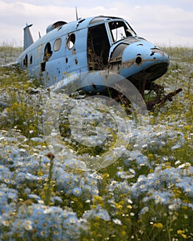 A helicopter wreckage now a vibrant field of forgetmenots Abandoned landscape. AI generation photo