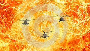 Helicopters on a fiery background, Fire flames