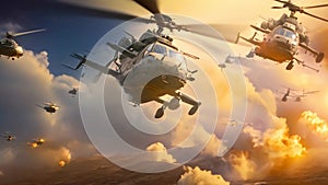 Helicopters Flying Over Fire, Aerial View of Fiery Scene, Helicopter in the desert, 3D render depicting attack helicopters flying