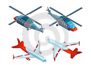 Helicopters isometric. 3d pictures of avia transport. Airplanes and helicopters