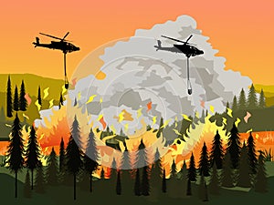 Helicopters are operating to extinguish a burning forest fire with mountains and orange skies background