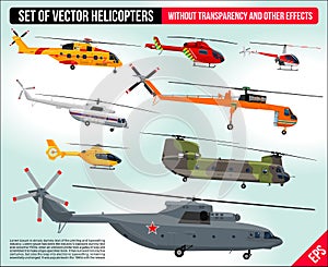 Helicopters set . Civil and army military transport helicopters collection flat design illustration