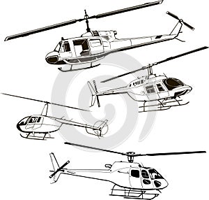 Helicopters, set four models, vector illustration, icon, symbol, monogram, isolated, silhouette