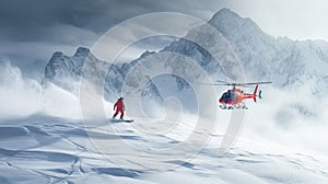 Heliski helicopter takes off in snow powder freeride landed on mountain. photo