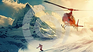 Heliski helicopter takes off in snow powder freeride landed on mountain.