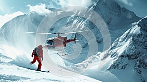 Heliski helicopter takes off in snow powder freeride landed on mountain. photo