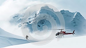 Heliski helicopter takes off in snow powder freeride landed on mountain. photo