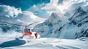 Heliski helicopter takes off in snow powder freeride landed on mountain. photo