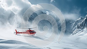 Heliski helicopter takes off in snow powder freeride landed on mountain. photo