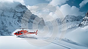 Heliski helicopter takes off in snow powder freeride landed on mountain. photo