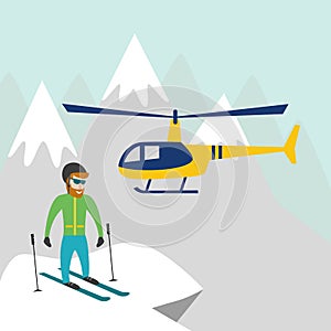 Heliskiing flat illustration with helicopter, mountains and skier.