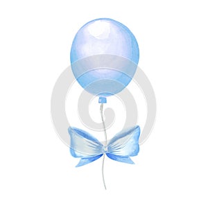 Helium balloon with bow blue. Watercolor hand drawn illustration. Template of festive accessories for birthday and kids