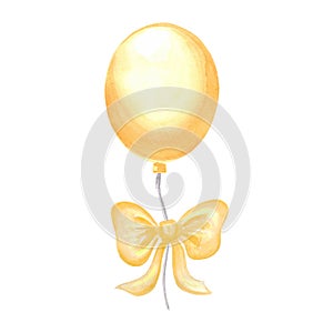 Helium balloon with bow yellow. Watercolor hand drawn illustration. Template of festive accessories for birthday and