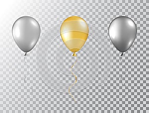 Helium balloons set isolated on transparent background. Glossy foil gold, silver and black festive balloons. Baloon