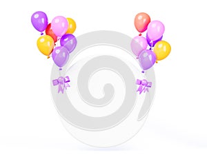 Helium rainbow balloons with white round paper banner, ribbon and bow isolated on background 3d render. Cartoon blank