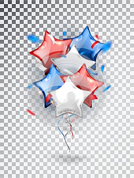 Helium star balloons composicion in national colors of the american flag isolated on transparent background. USA balloon photo