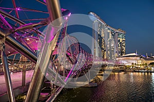 Helix bridge with Marina Bay Sands and hotel, Singapore