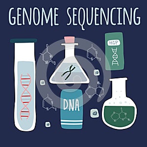 Helix DNA,chromosome, test tubes, nucleotides. Bright Vector illustration in cartoon style.