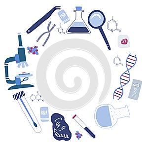 Helix DNA, microscope, chromosome, cas9 RNA. hand drawn vector illustration in trendy cartoon style