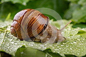 Helix pomatia on wet maple leaves. Snail on a forest path in the forest