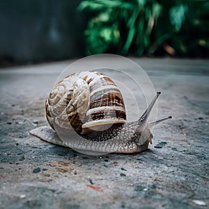 Helix snail navigates concrete floor in close up photo