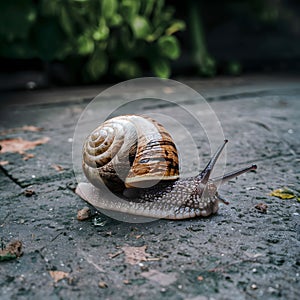 Helix snail navigates concrete floor in close up photo