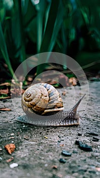 Helix snail navigates concrete floor in close up photo