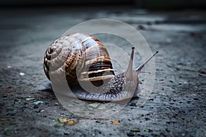 Helix snail navigates concrete floor in close up photo