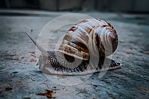 Helix snail navigates concrete floor in close up photo