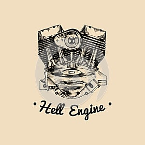 Hell Engine vector vintage motorcycle logo. Biker club sign. Garage label. Vector illustration of hand drawn motor.