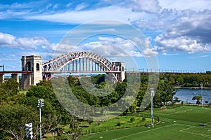 Hell Gate Bridge, with the fields of Wards Island Park in the foreground photo