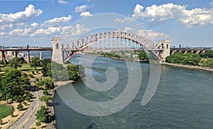 hell gate bridge on randall\'s island in new york city (seen from rfk bridge, astoria queens)