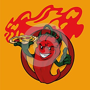 Hell Pepper is a cartoon character with a pizza in his hands.