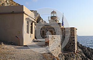 Hellenic navy lighthouse command of the medieval castle town of Monemvasia overlooking the Aegean sea. Monemvasia, Peloponnese, Gr