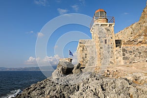 Hellenic navy lighthouse command of the medieval castle town of Monemvasia overlooking the Aegean sea. Monemvasia, Peloponnese, Gr