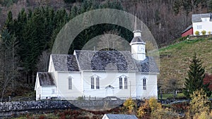 Hellesylt church on Sunnylven fjord in Norway photo