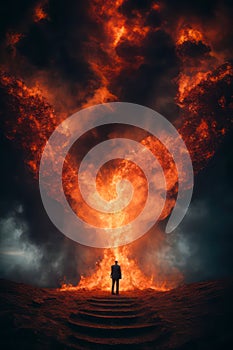 Hellfire concept art, fire storm, man standing in front of fire blast, Hell Danger