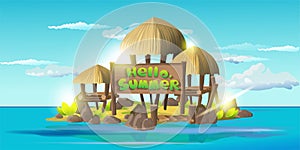 Helli summer card. Small tropical island with simple shacks, wooden houses with thatched roofs. Island with the village