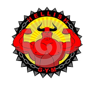 Hellish gym. Emblem for the fitness room. Logo mighty Devil body