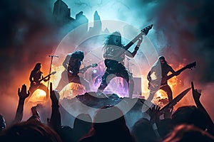 hellish heavy metal rock musicians band with electric guitars in a rock world